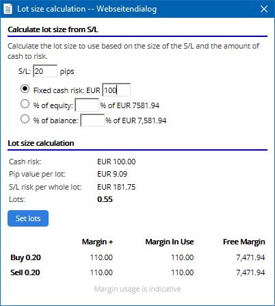 Margin calculator window